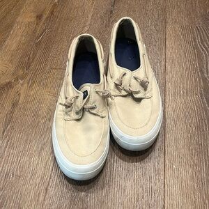 Tan linen/cloth Sperry boat shoes